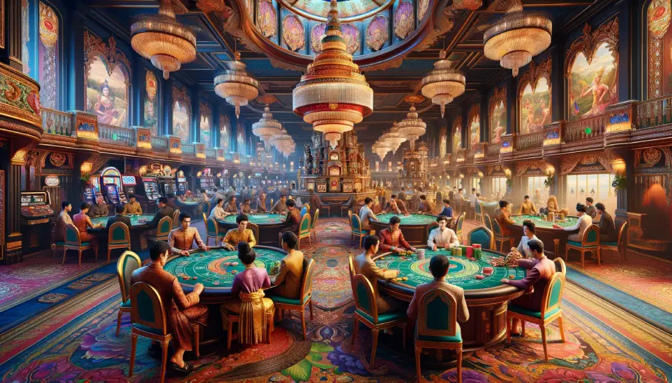 DALL·E 2024-04-30 17.40.49 - A casino scene in Thailand style, featuring rich color scheme with #660000, #470000, #474700, #001a66. The setting includes tables with Thai-looking p (1)