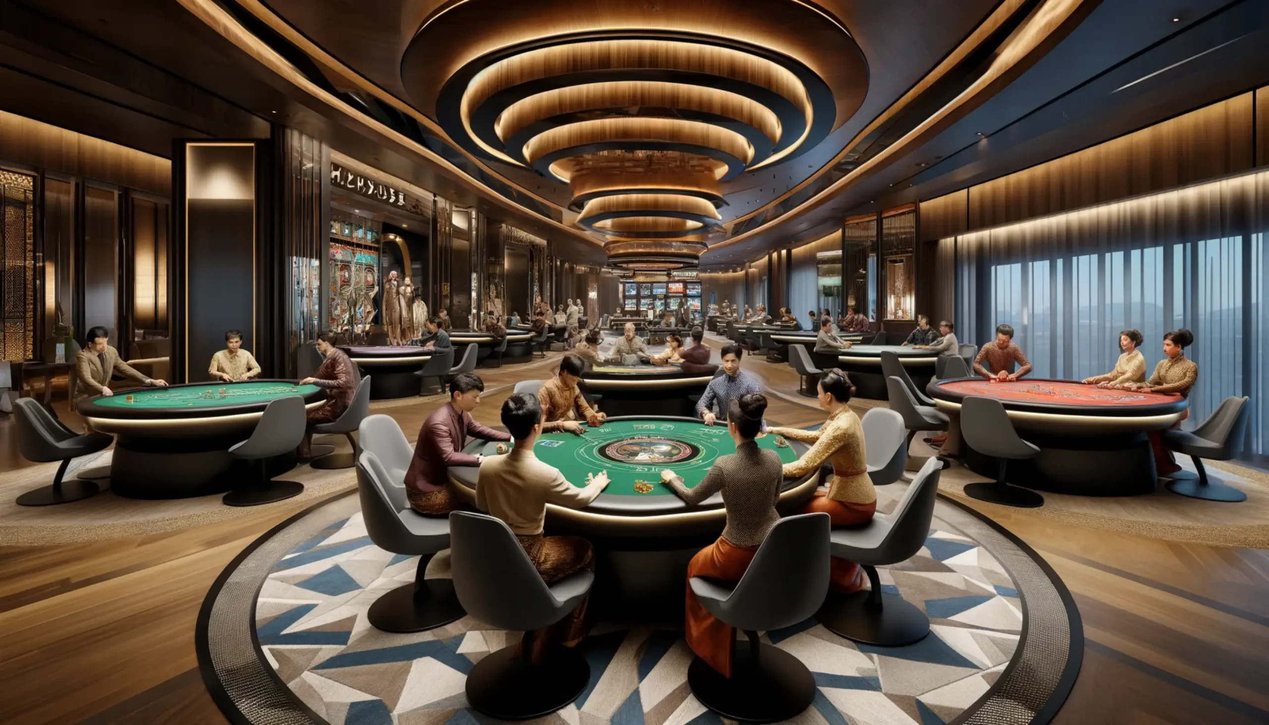 DALL·E 2024-04-30 17.51.18 - A modern Thailand style casino, featuring a rich color scheme of #660000, #470000, #474700, #001a66. The setting includes tables with Thai-looking peo (1)